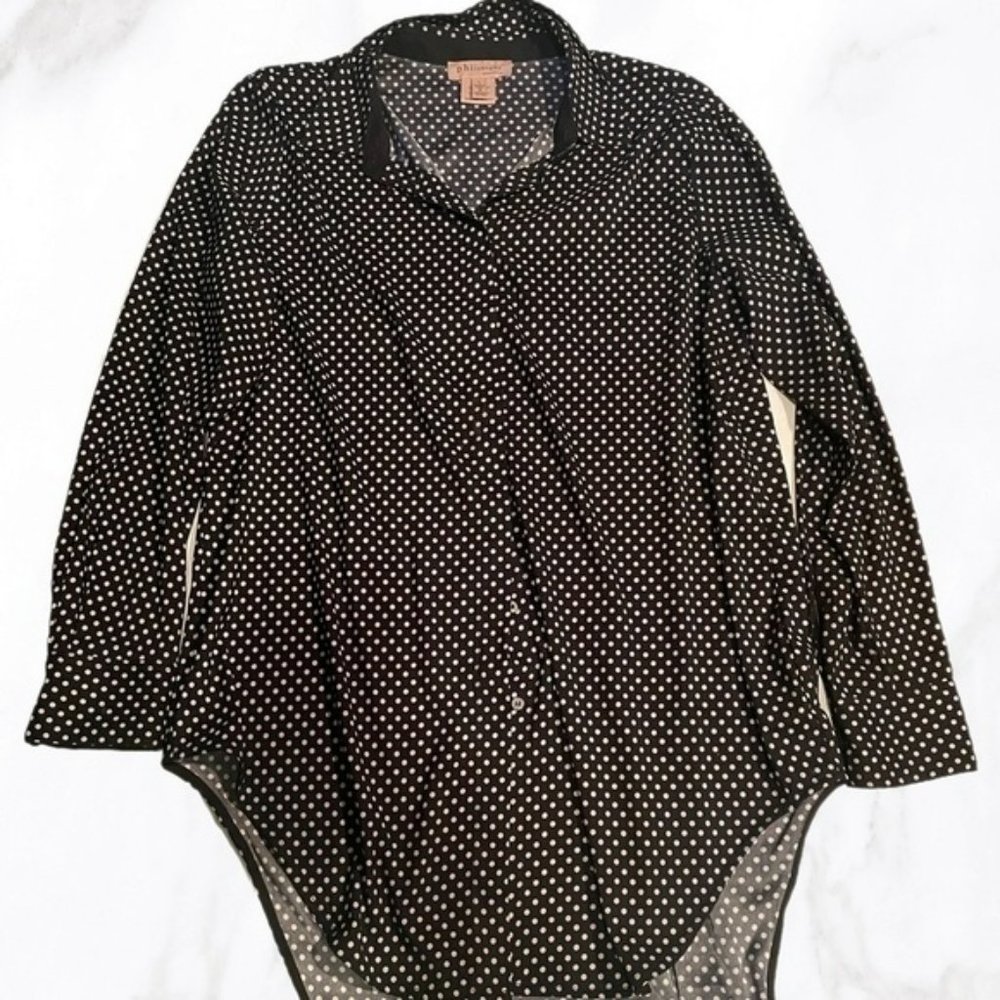 Philosophy black  and white polka dot long sleeve button down tunic blouse L